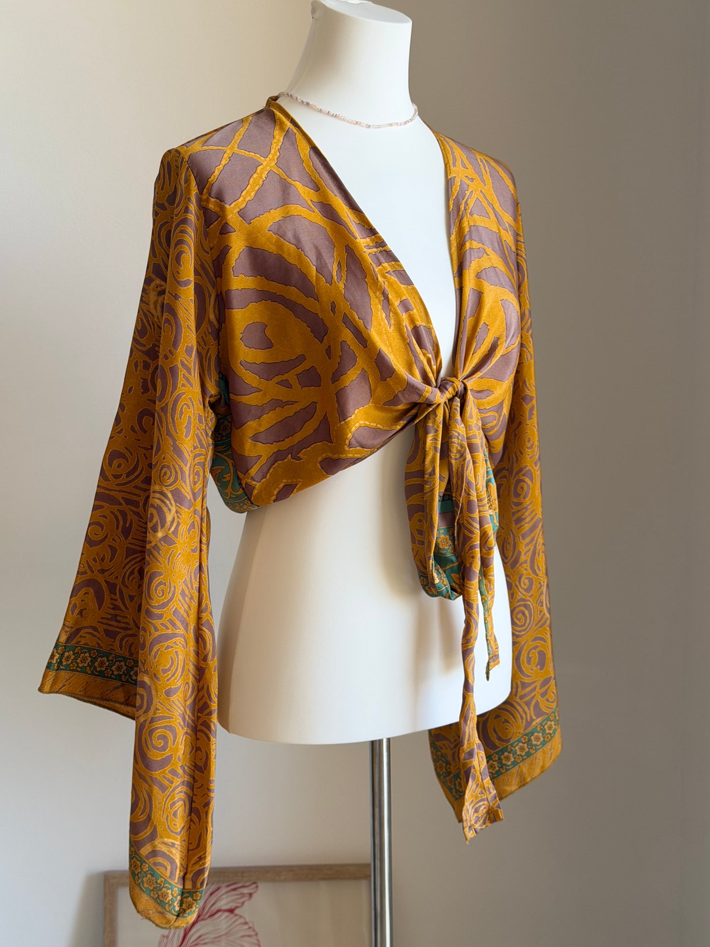 Silk blend bohemian tie-front top