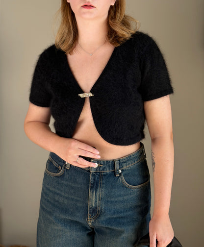 Chic black cropped angora cardigan