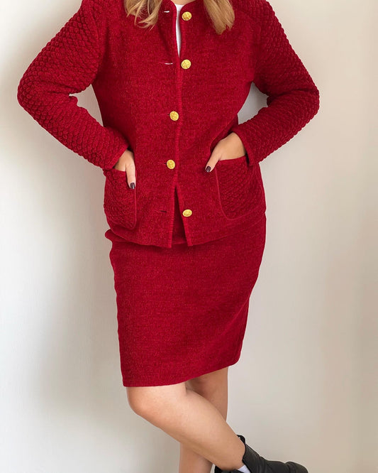 Vintage red suit with accent gold tone buttons (1980s).
