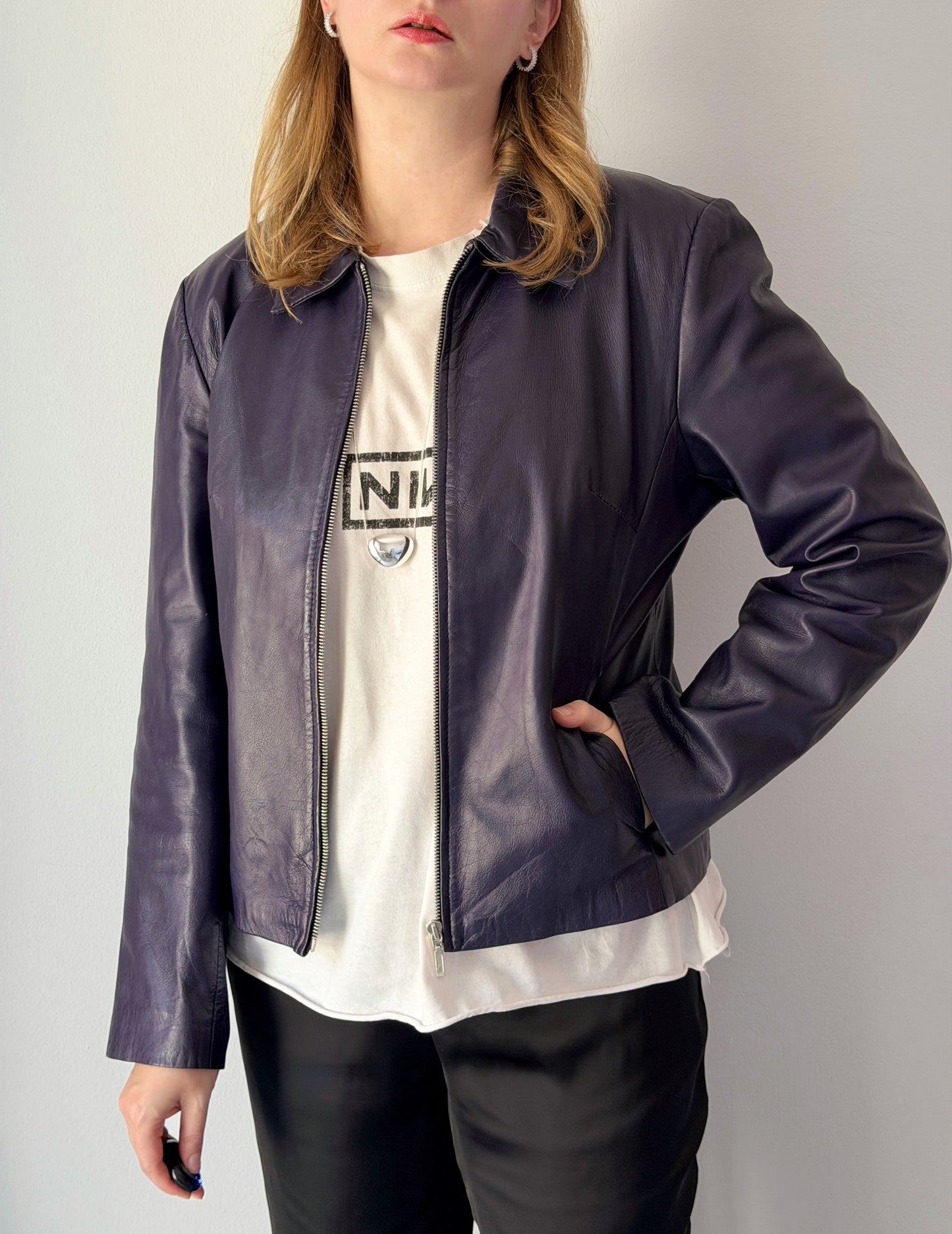Vintage leather jacket in a deep plum tone