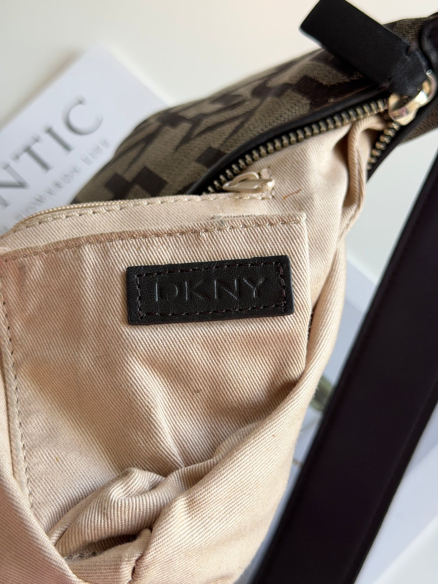 Classic vintage DKNY shoulder bag in beige/grey canvas