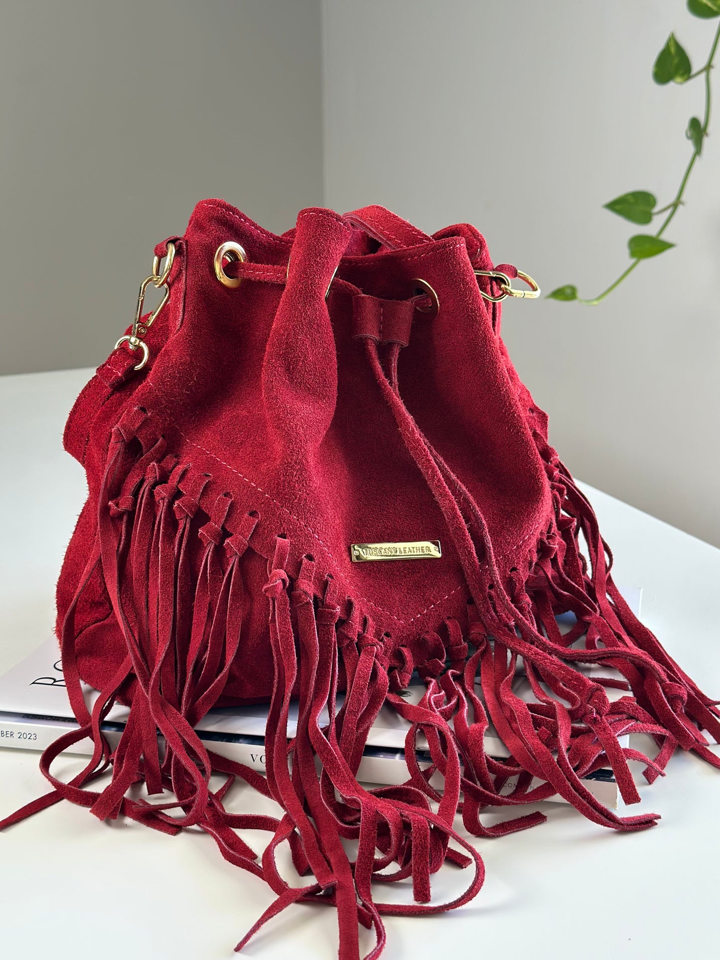 Dark red vintage suede bucket bag