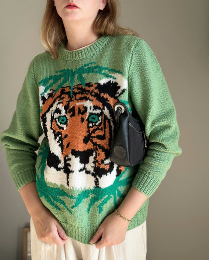Amazing vintage green knit sweater with tiger