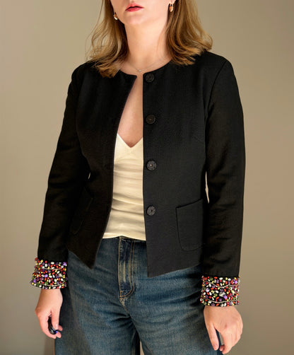 Chic vintage black blazer with embellished cuffs