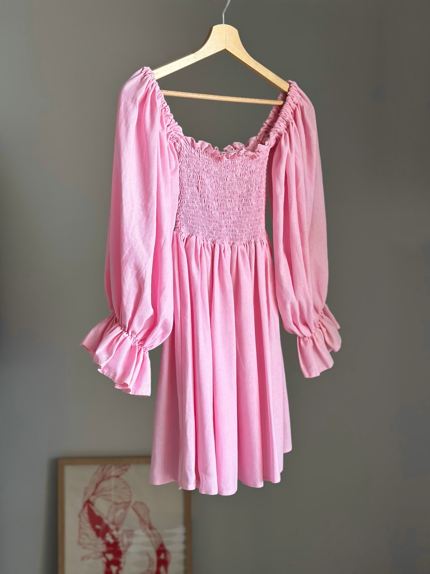 Romantic pink linen mini dress