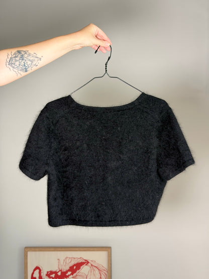 Chic black cropped angora cardigan