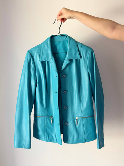 Vintage leather jacket in striking turquoise shade