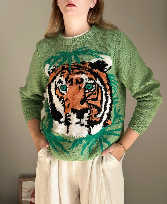 Amazing vintage green knit sweater with tiger