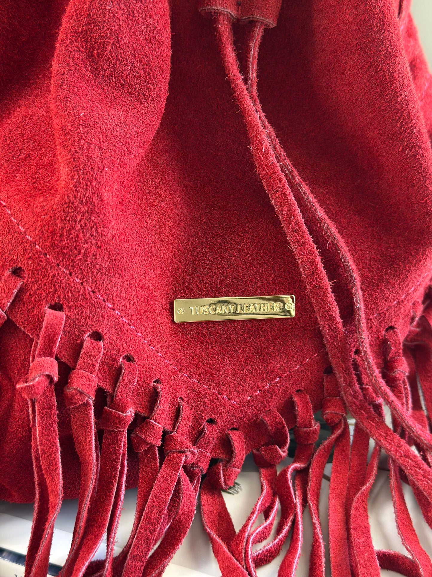 Dark red vintage suede bucket bag
