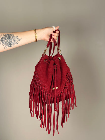 Dark red vintage suede bucket bag