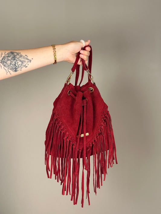 Dark red vintage suede bucket bag