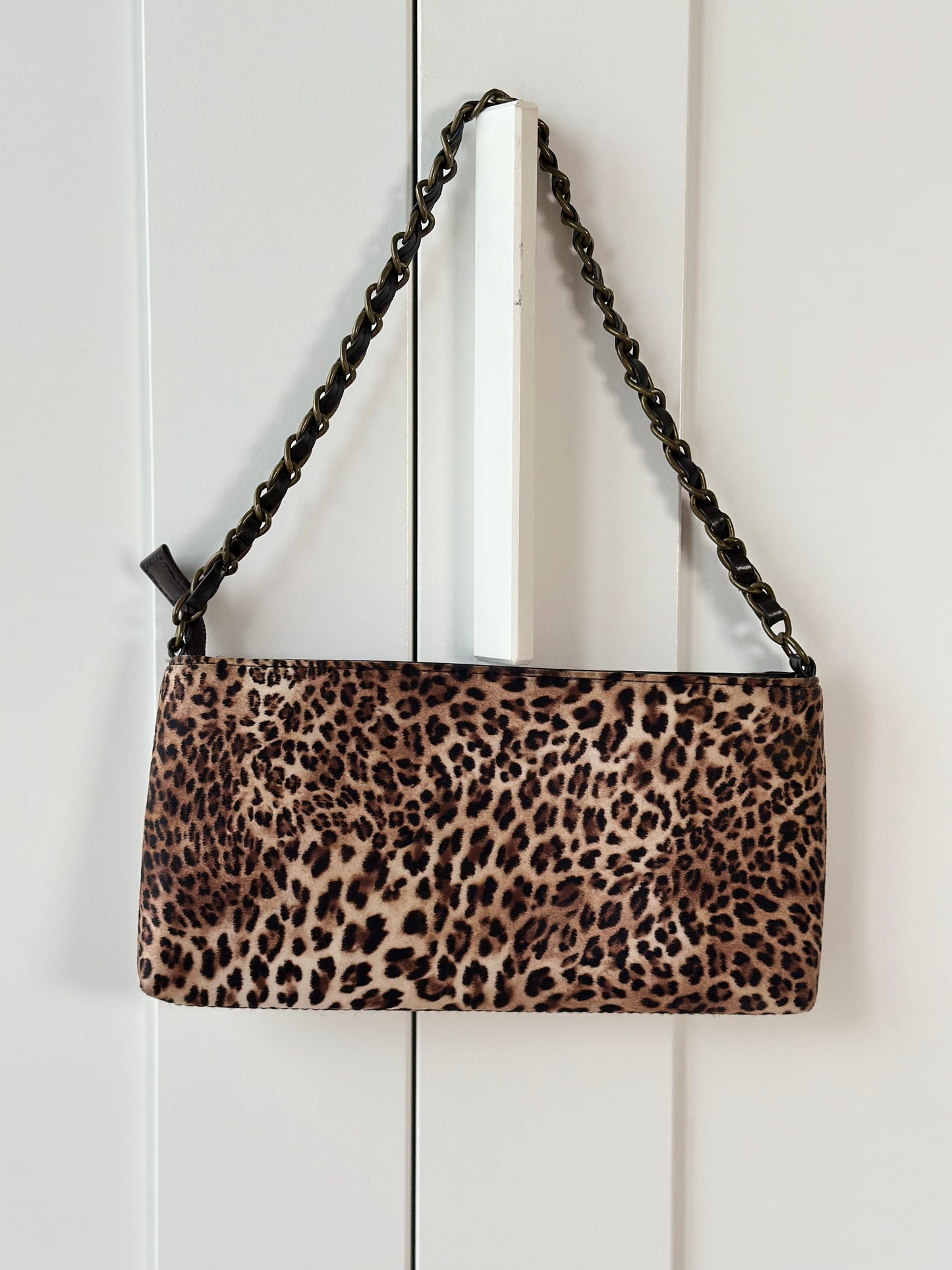 Stylish satin leopard baguette bag