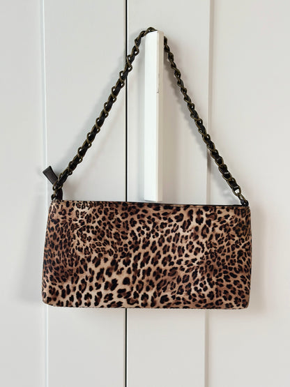 Stylish satin leopard baguette bag