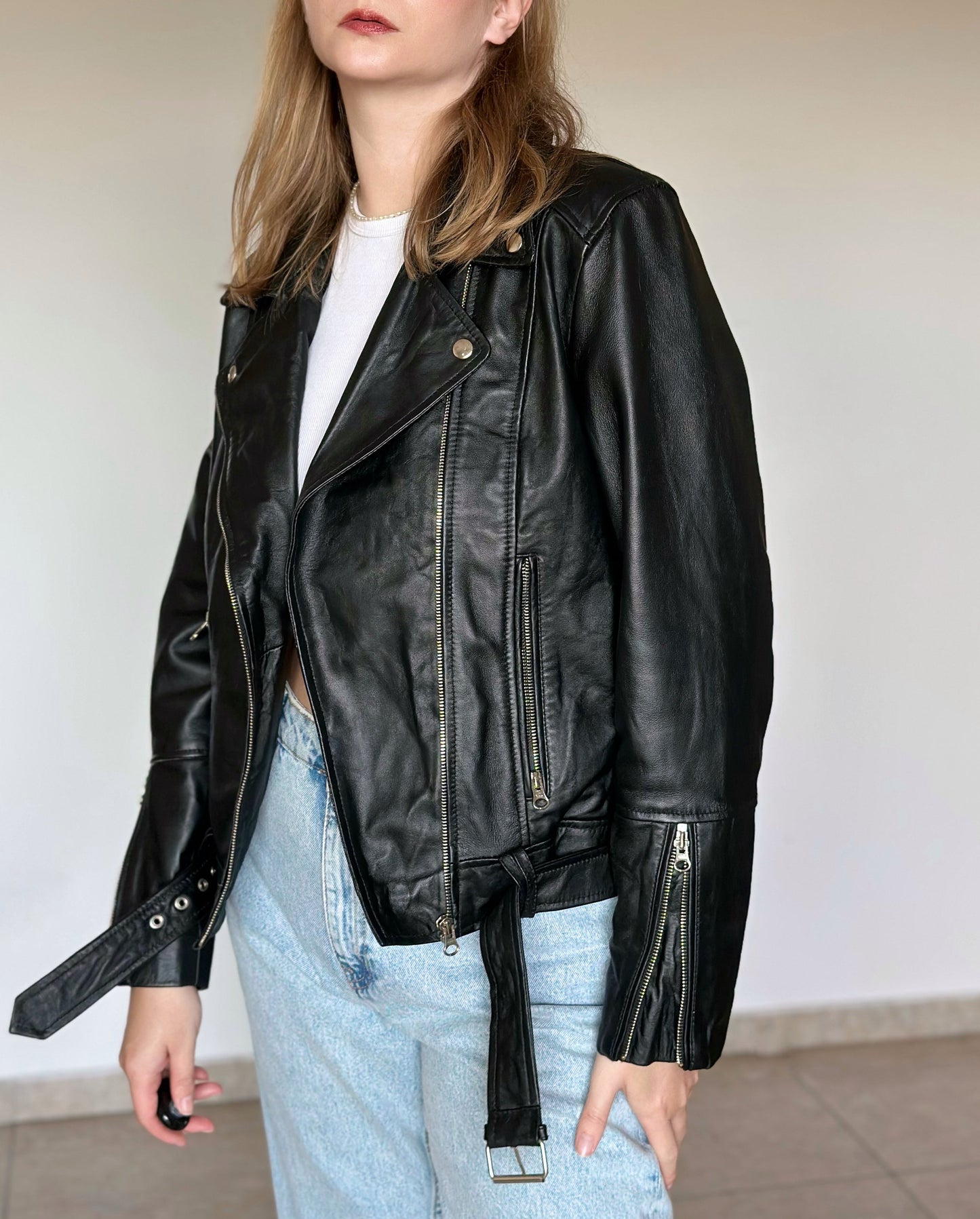 Classic vintage black biker leather  jacket
