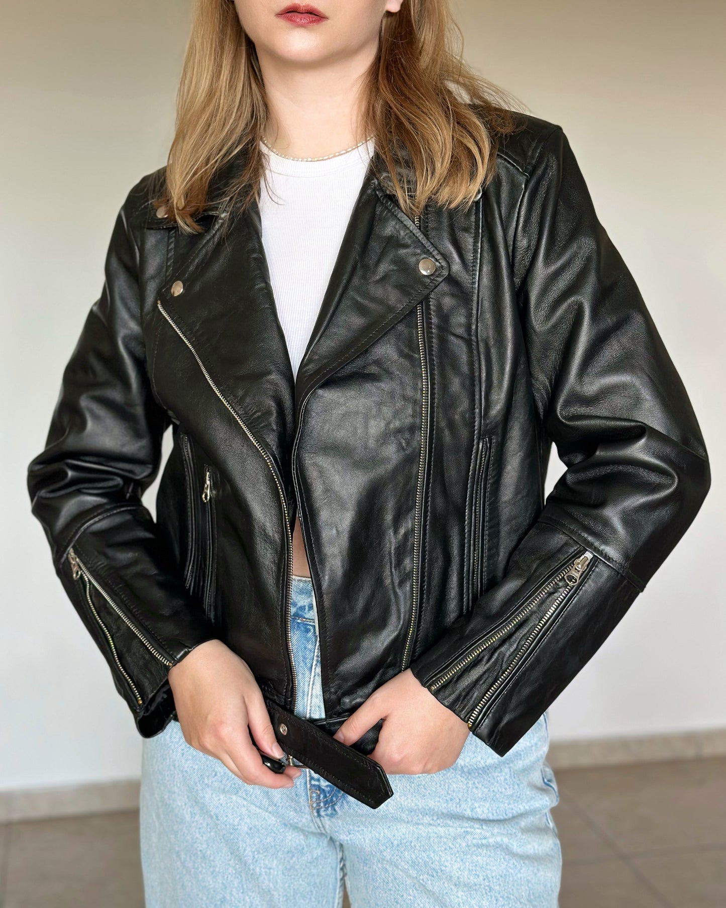 Classic vintage black biker leather  jacket