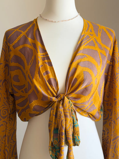 Silk blend bohemian tie-front top