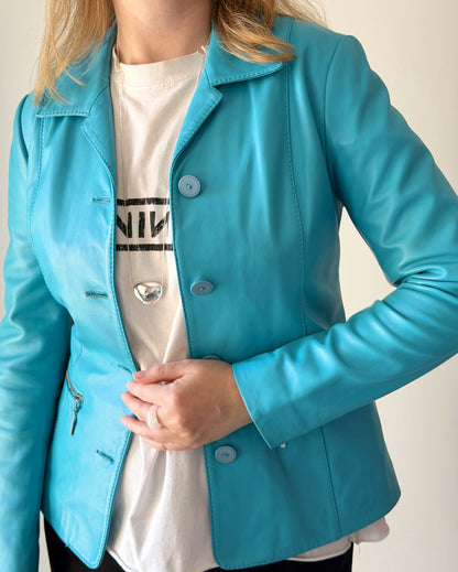 Vintage leather jacket in striking turquoise shade