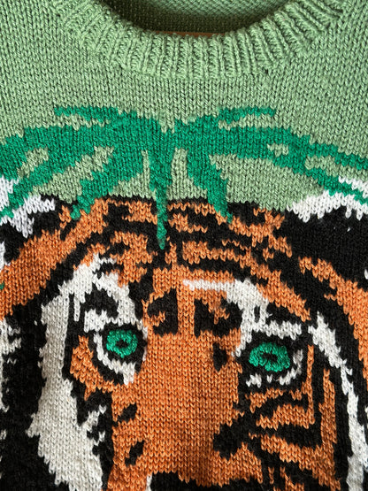 Amazing vintage green knit sweater with tiger