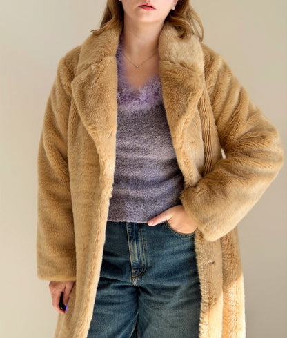 Chic beige faux fur midi coat