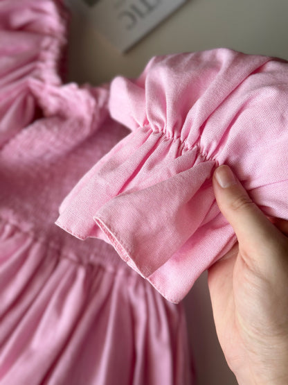 Romantic pink linen mini dress