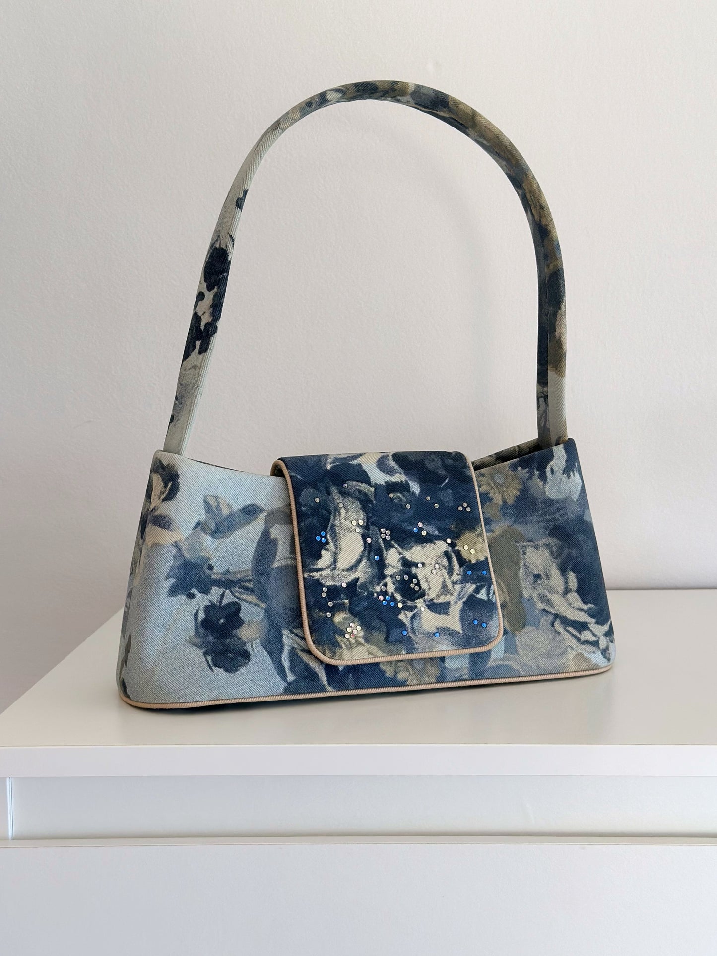 Vintage denim bag with flowers print and rhinestones