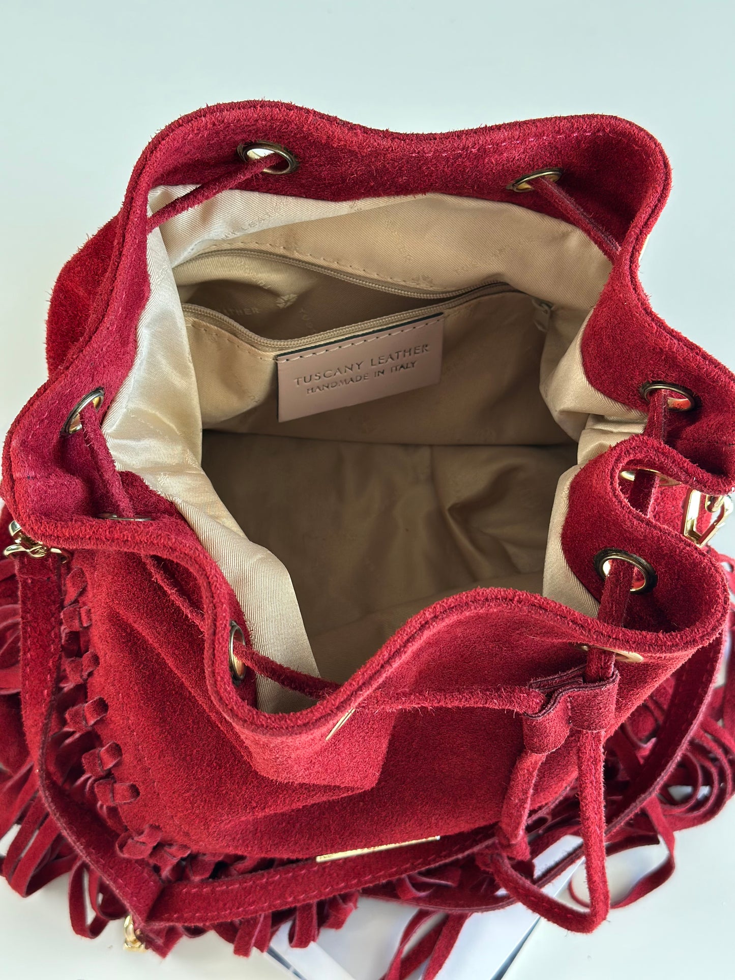 Dark red vintage suede bucket bag