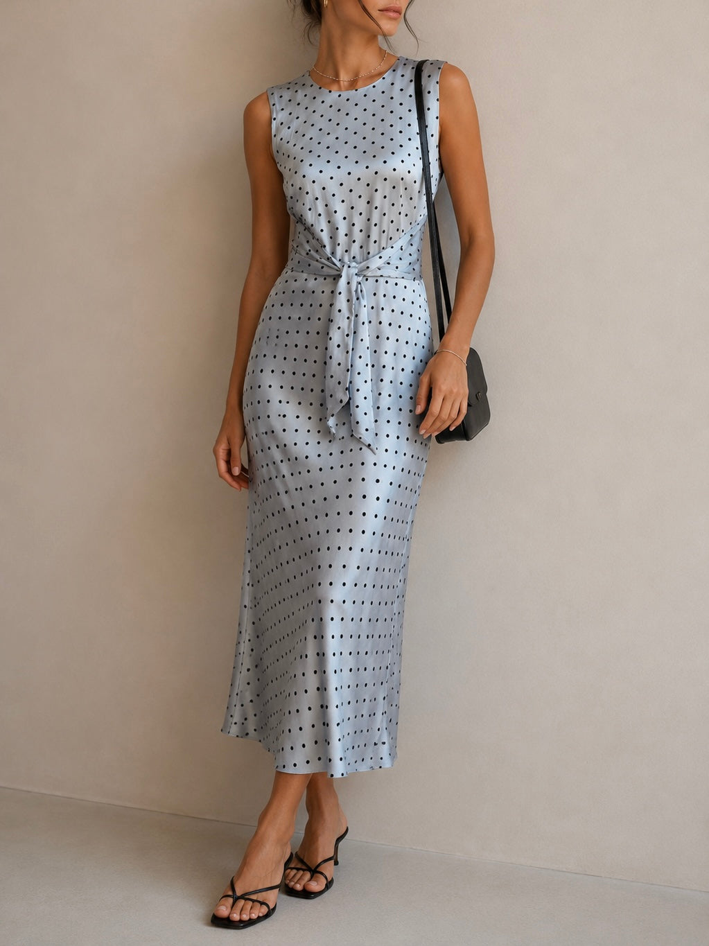 Elegant midi blue dress with polka dots