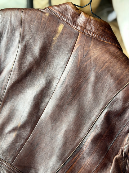Vintage distressed leather jacket in rich brown tone