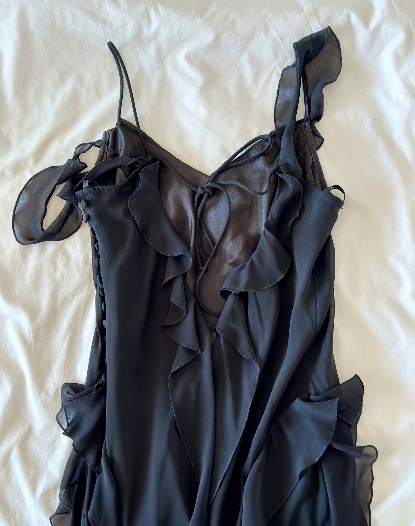 Incredible vintage evening slip dress with ruffles by Linda Bernell (1990s era)