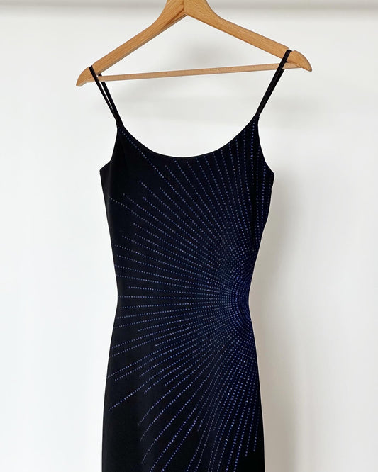 Amazing vintage fitted black dress with blue sequins