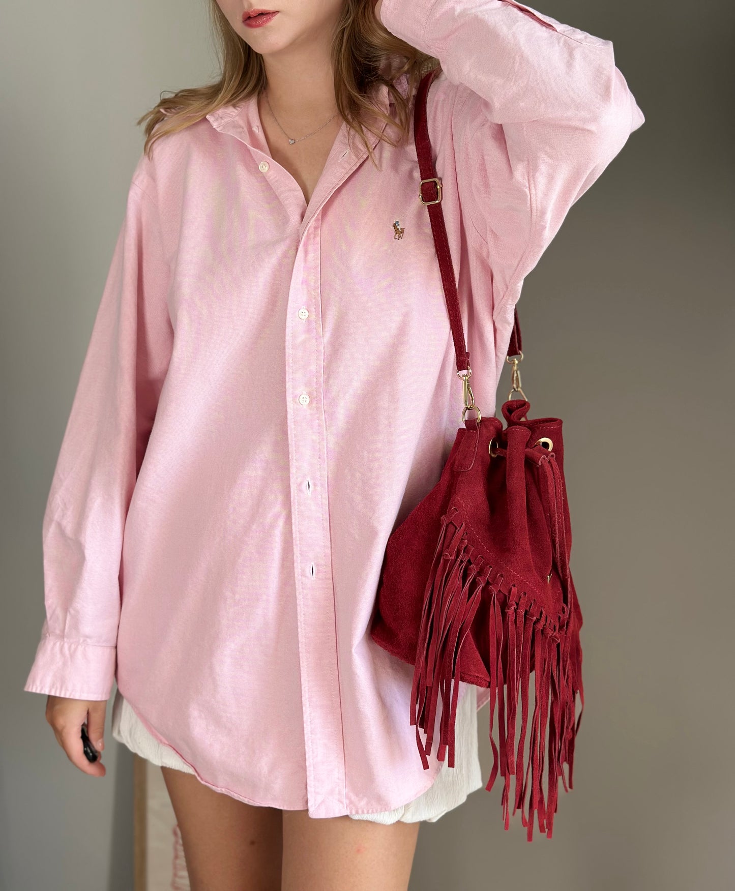 Dark red vintage suede bucket bag