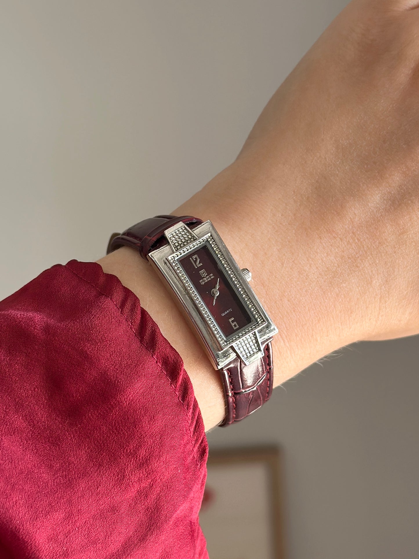 Classic watch with burgundy leather strap