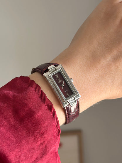 Classic watch with burgundy leather strap