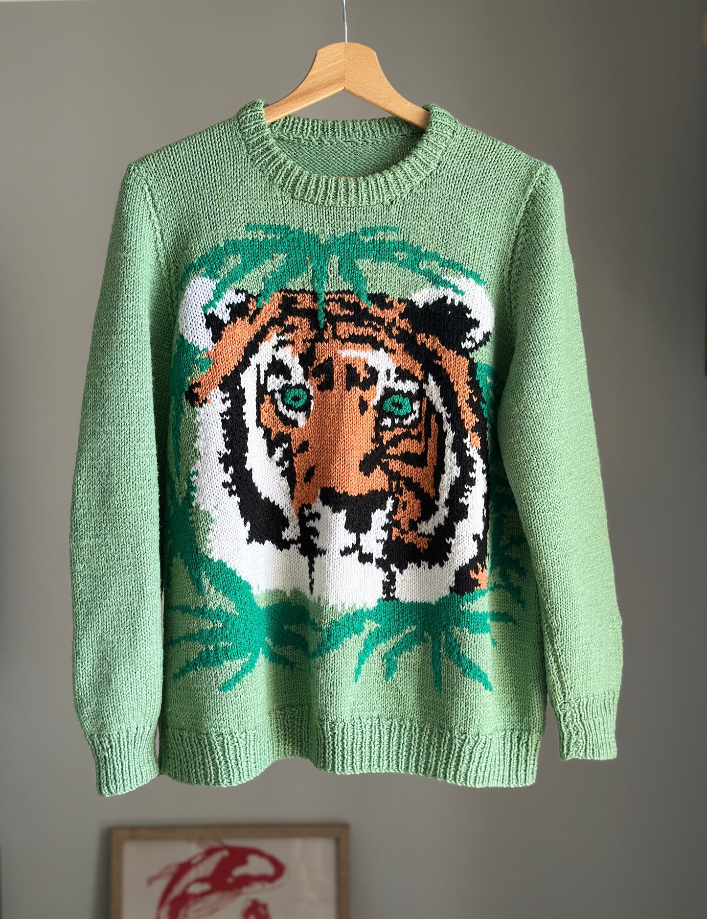 Amazing vintage green knit sweater with tiger
