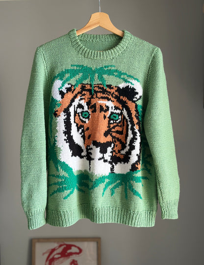 Amazing vintage green knit sweater with tiger