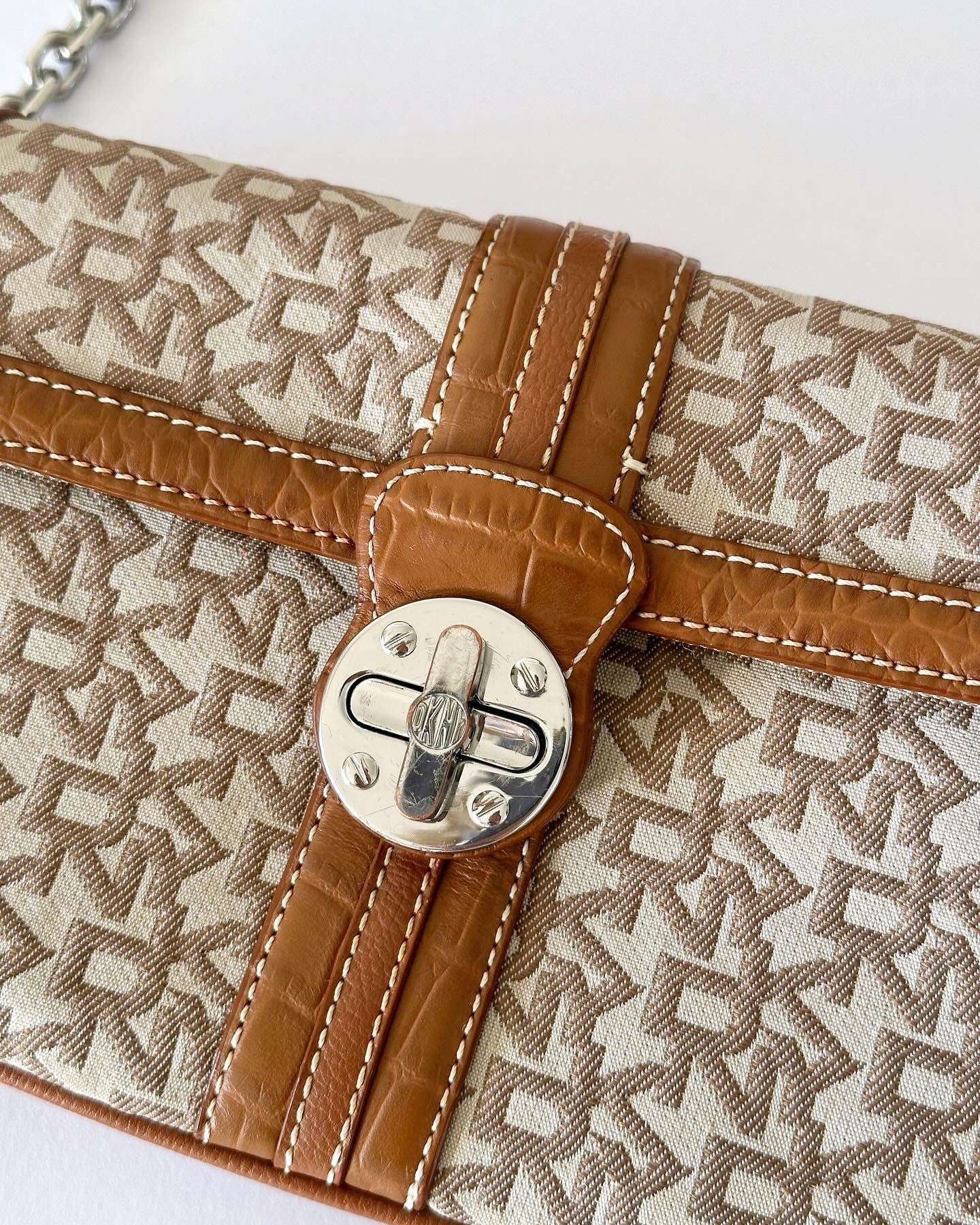 Trendy vintage DKNY mini baguette bag with monogram print