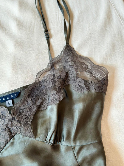 Vintage khaki green silk top with lace