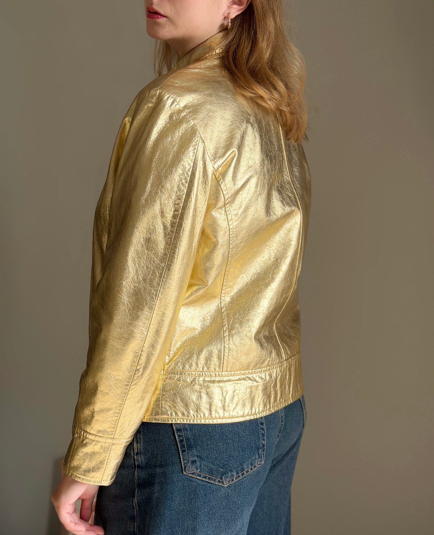 Vintage real leather metallic gold jacket