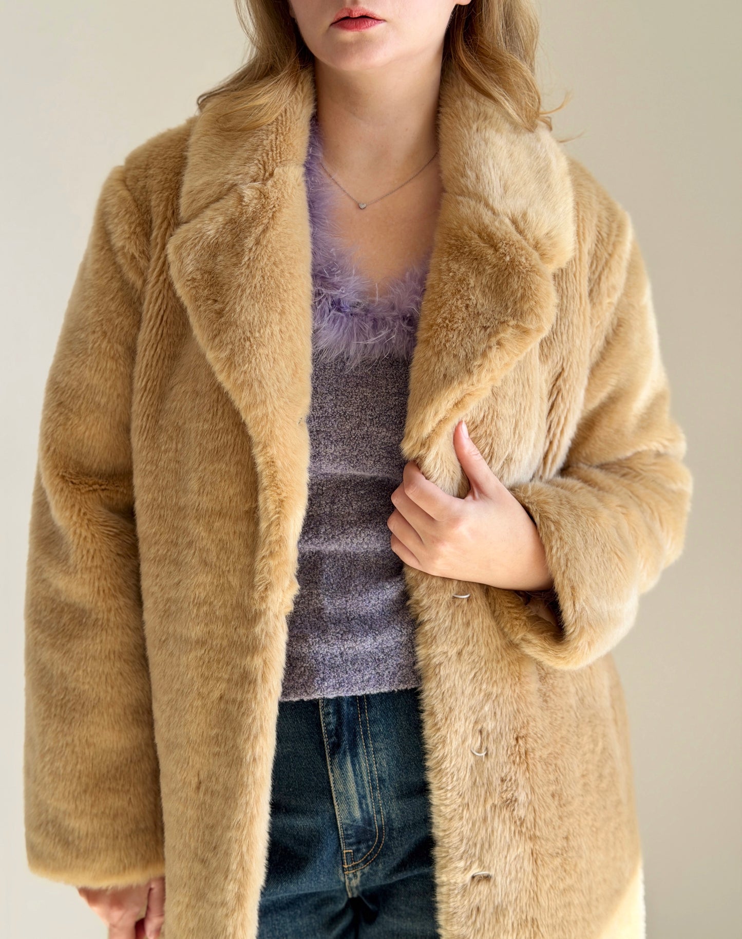 Chic beige faux fur midi coat