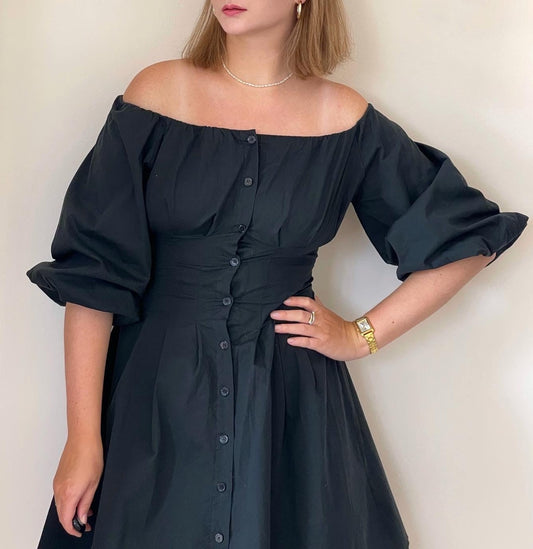 Incredible vintage black cotton dress with puff sleeves