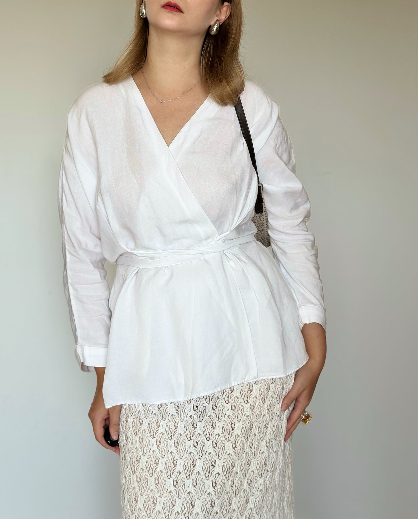 Beautiful white linen kimono blouse with belt