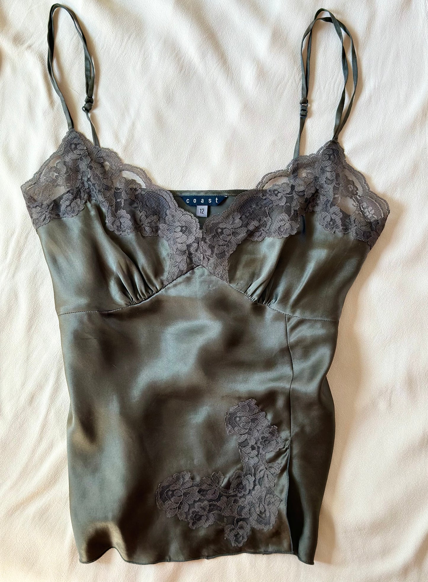 Vintage khaki green silk top with lace