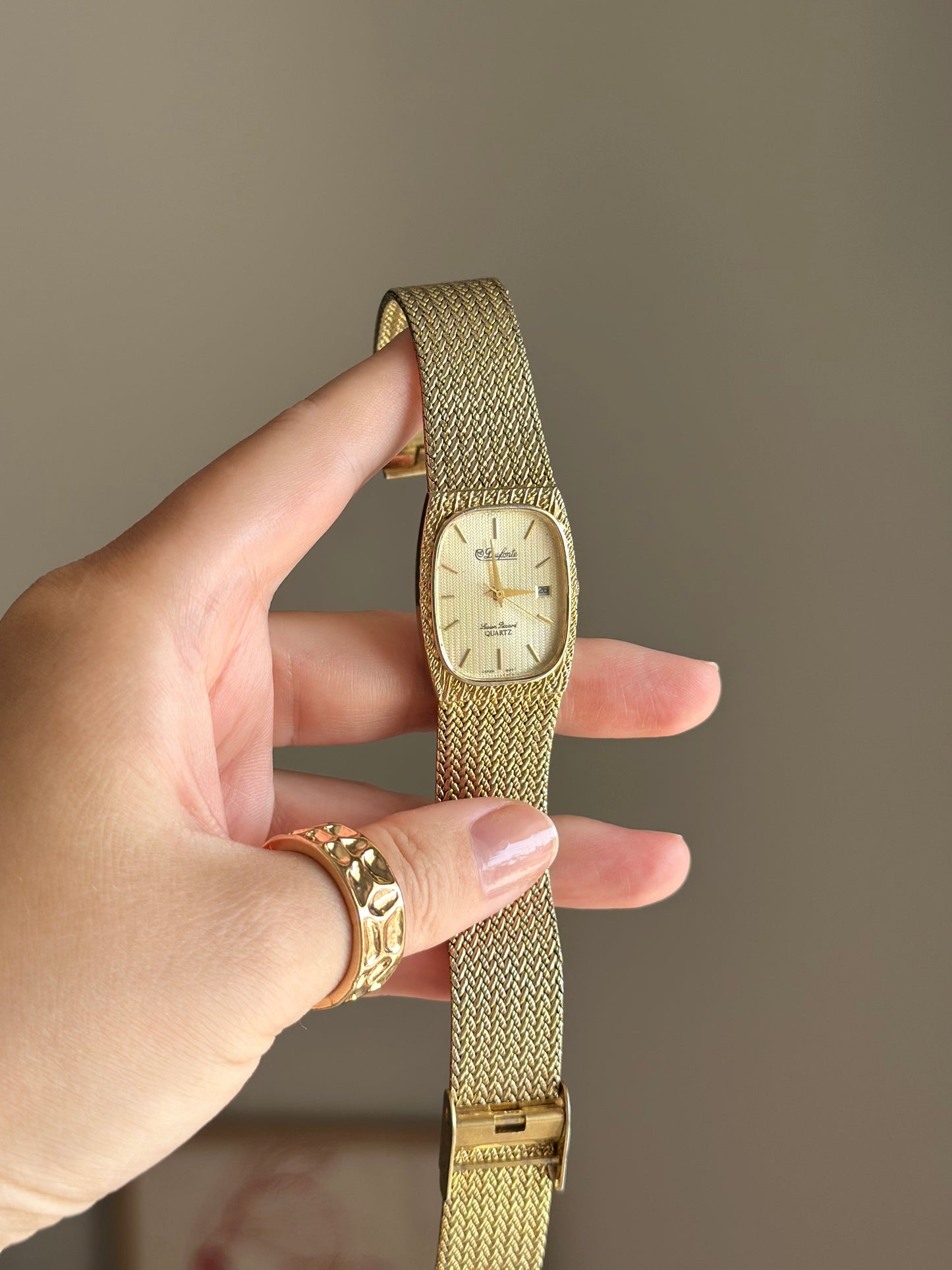 Vintage Lucien Piccard Dufonte watch with gold-tone mesh bracelet