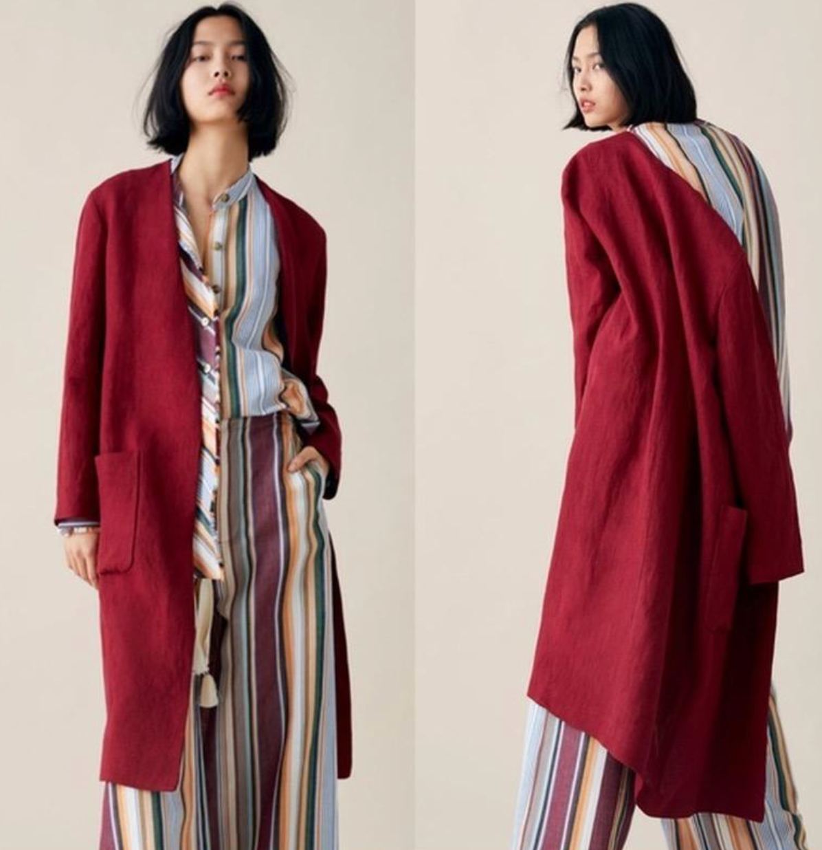 Red linen duster coat Zara