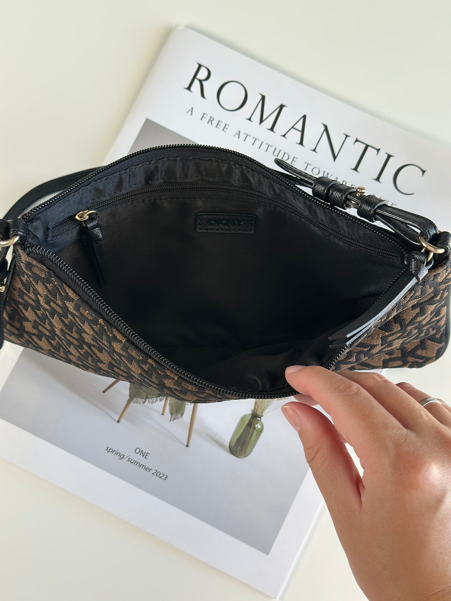 Stylish vintage DKNY baguette bag in bronze and black