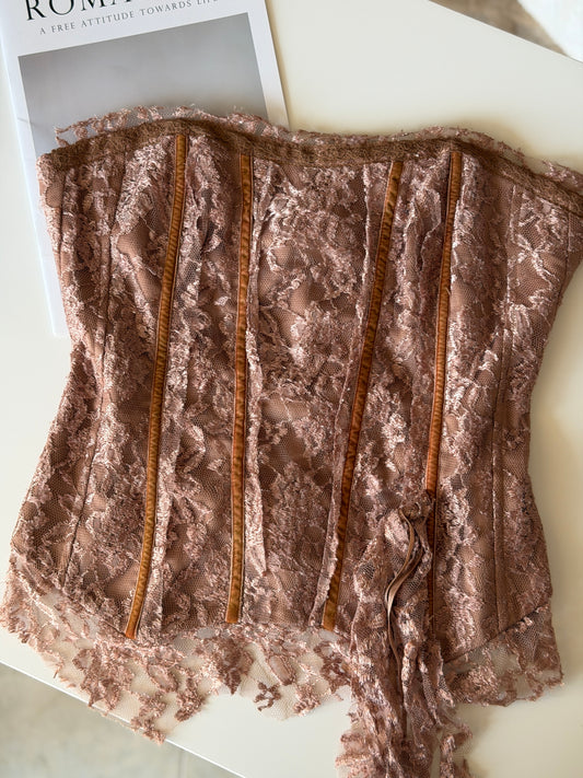 Vintage lace corset in a warm bronze-rose tone