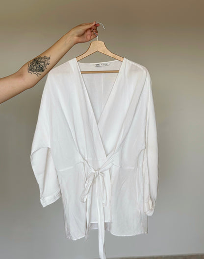 Beautiful white linen kimono blouse with belt