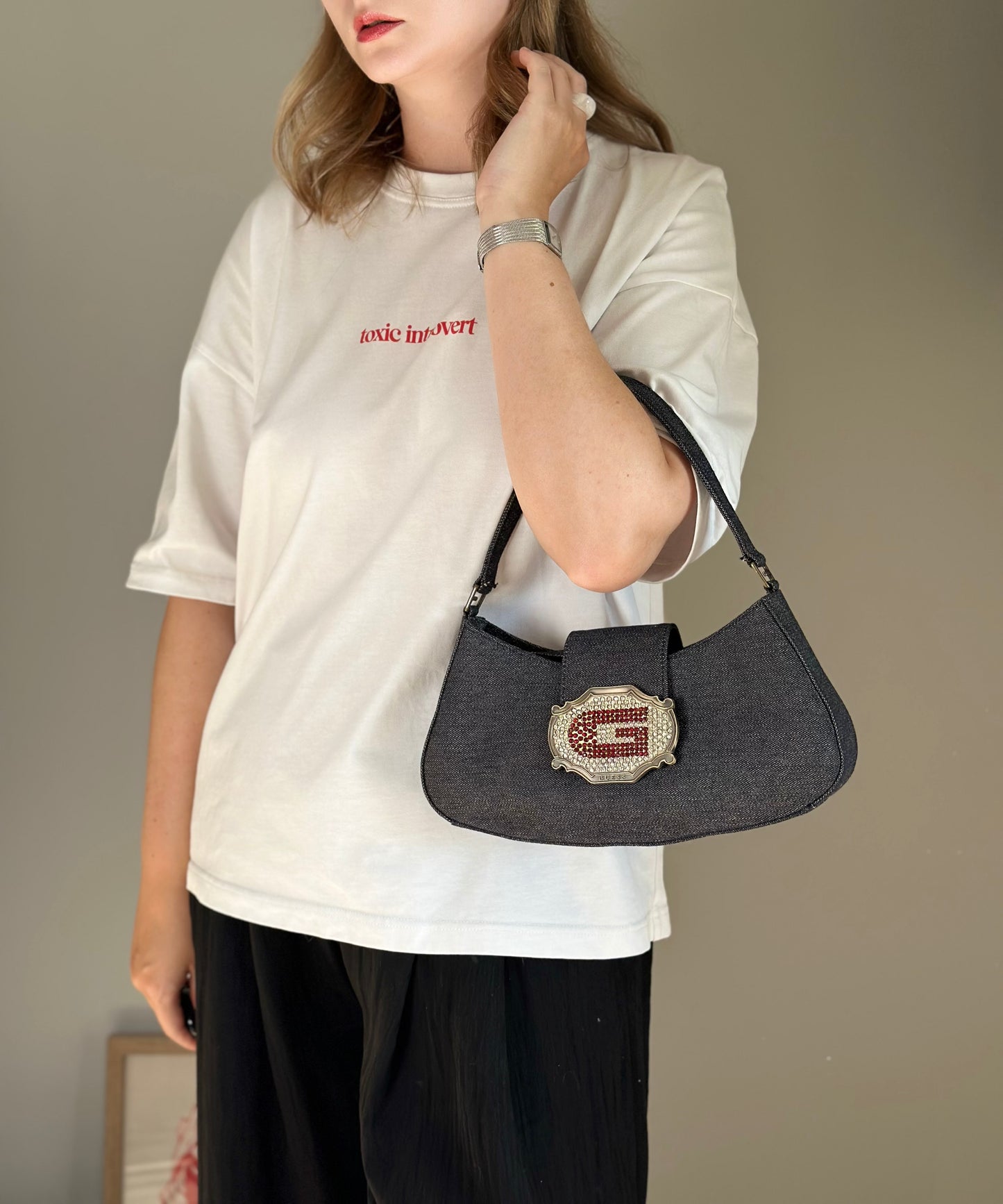 Stunning denim shoulder bag Guess with rhinestones Y2K