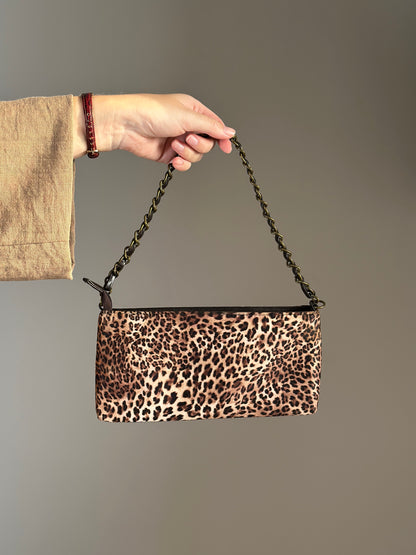 Stylish satin leopard baguette bag