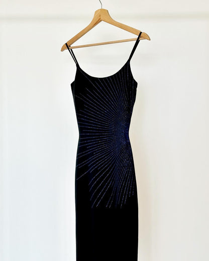 Amazing vintage fitted black dress with blue sequins